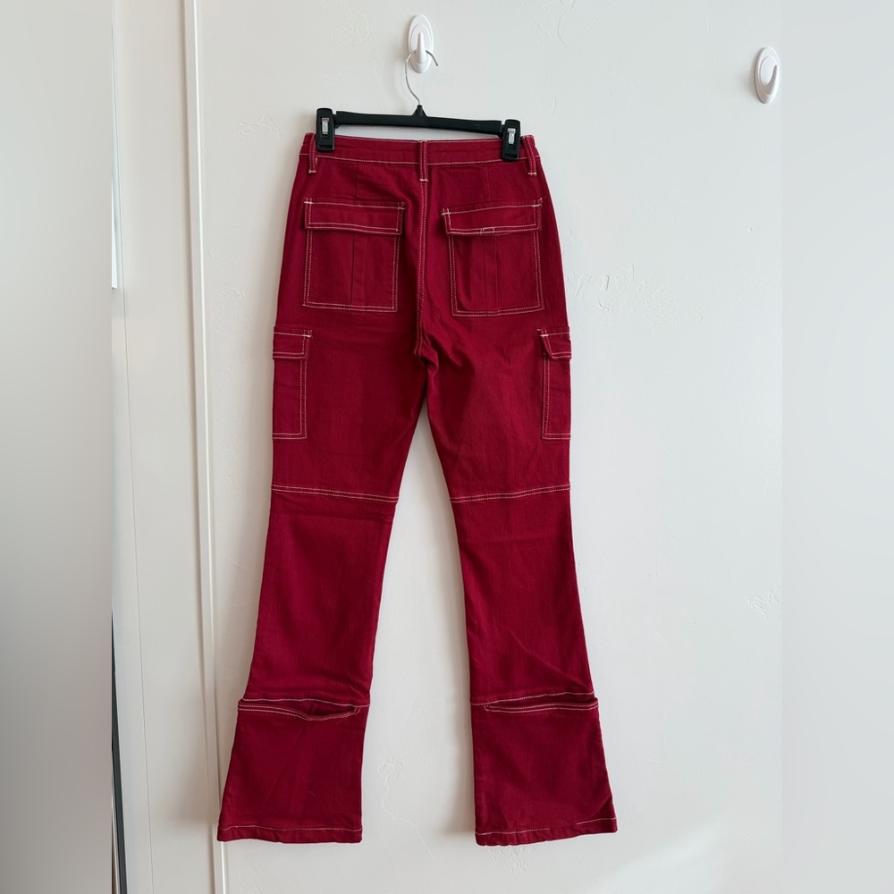 Fashion Nova Y2K Red Cargo Utility Jeans Contrast Stitch Festival Rave Size 7 - Picture 5 of 14